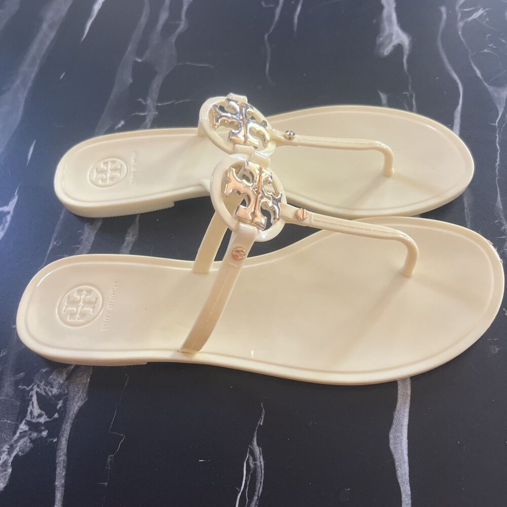 Tory Burch Cream Jelly Miller Sandals with Gold Logo - Picture 4 of 10